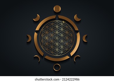 Fases de Círculo de la Luna, flor de la vida, espiritual dorada Yantra mandala, Geometría Sagrada. Símbolo Gold Wiccan, logotipo vector dorado redondo aislado sobre fondo negro