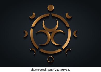 Circle Phases of the moon, Three crescents moon, gold spiritual mandala, Sacred Geometry. Wiccan wheel symbol, Triple Goddess vector golden round logo isolated on black background