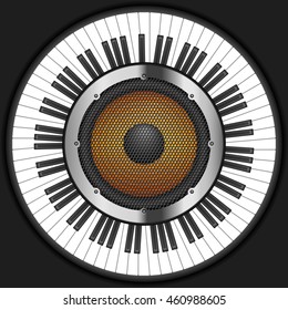 Circle piano keyboard with speaker on a black background.