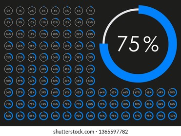 Circle Pie Chart from 1 to 100 percent. Percentage diagram set for infographic, UI, web design. Progress bar template. Vector illustration.