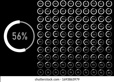 Circle Pie Chart from 1 to 100 percent. Percentage diagram set for infographic, UI, web design. Progress bar template. Vector illustration indicated with white