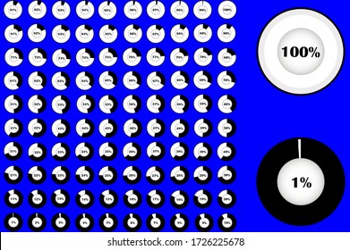 Circle Pie Chart von 1 bis 100 Prozent. Prozentdiagramm gesetzt für Infografik, Benutzeroberfläche, Webdesign. Statusleiste Vector Abbildung mit schwarz-weiß angezeigt.