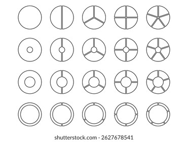 Circle pie chart in 1, to ,12 sections or segments. Vector illustration isolated on white background. Circle division infographic icon set.  Infographic element round shape.