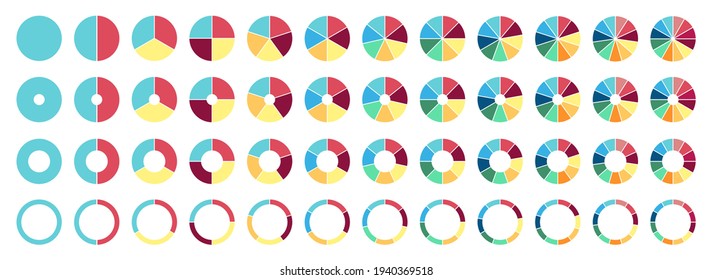 Circle pie chart. 2,3,4,5,6,7,8,9,10,11,12 sections or steps. Flat process cycle. Progress sectors.