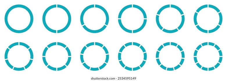 Circle pie chart. 2,3,4,5,6,7,8,9,10,11,12 sections or steps. Flat process cycle. Progress sectors.