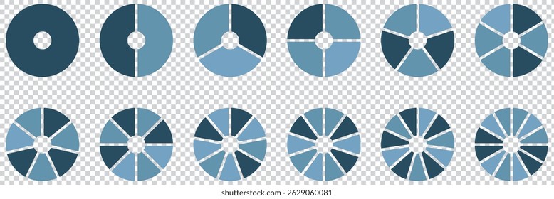 Circle pie chart. 2,3,4,5,6,7,8,9,10,11,12 sections or steps. Flat process cycle. Progress sectors. eps 10