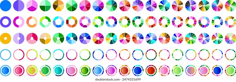 Circle pie chart. 2,3,4,5,6,7,8,9,10,11,12,13,14,15,16,17,18 sections or steps. Flat process cycle. Progress sectors