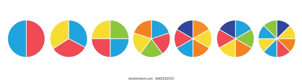 Conjunto de ícones de cores do gráfico Circle Pie, coleção de diagramas coloridos do gráfico Pie para análise de dados, apresentação comercial, infográfico do aplicativo, interface do usuário, design da Web, download de ilustração do vetor de progresso.