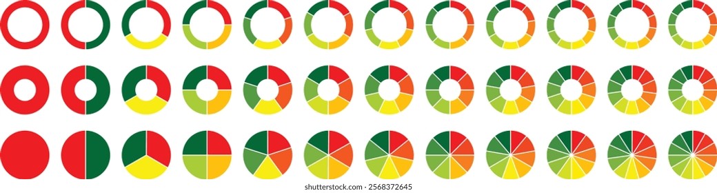 Circle pie chart diagram. 2,3,4,5,6,7,8,9,10,11,12 sections or steps. Colorful Pie chart set. Pie chart circle. Flat process cycle. Progress sectors.