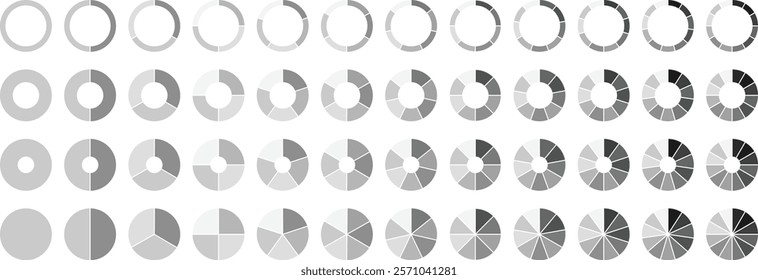 Circle pie chart diagram. 2,3,4,5,6,7,8,9,10,11,12 sections or steps. Progress sectors. Flat process cycle. Colorful pie chart collection. Pie chart color icons. Segment slice sign.