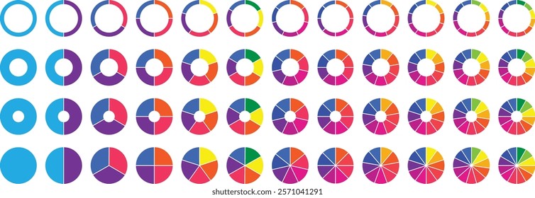 Circle pie chart diagram. 2,3,4,5,6,7,8,9,10,11,12 sections or steps. Progress sectors. Flat process cycle. Colorful pie chart collection. Pie chart color icons. Segment slice sign.