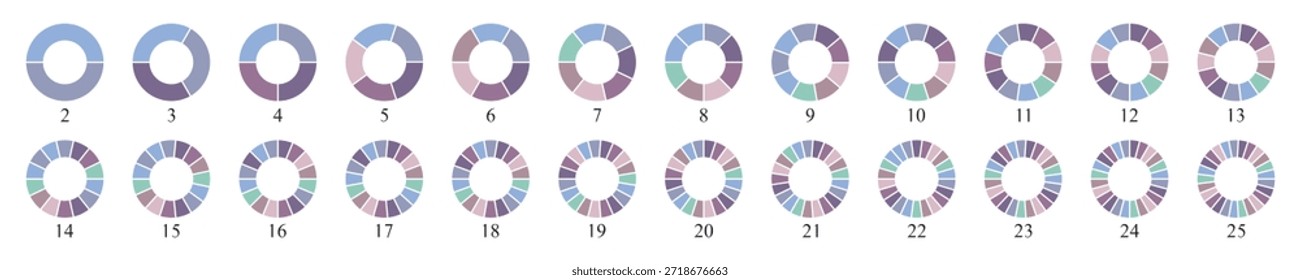 Circle pie chart diagram. Pie chart color icons. Colorful diagram collection with 2, 3, 4, 5, 6, 7, 8, 9, 10, 11, 12, 13, 14, 15, 16, 17, 18, 19, 20, 21, 22, 23, 25 segment infographic pie chart icons