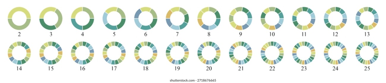 Diagrama de gráfico de pizza circular. Ícones de cor do gráfico de pizza. Coleção de diagramas coloridos com 2, 3, 4, 5, 6, 7, 8, 9, 10, 11, 12, 13, 14, 15, 16, 17, 18, 19, 20, 21, 22, 23, 25 ícones de gráfico de pizza infográfico de segmento