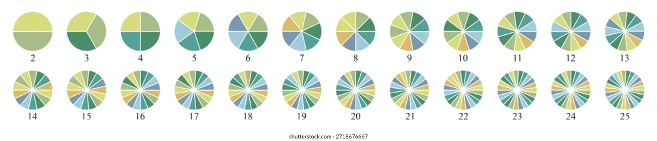 Diagrama de gráfico de pizza circular. Ícones de cor do gráfico de pizza. Coleção de diagramas coloridos com 2, 3, 4, 5, 6, 7, 8, 9, 10, 11, 12, 13, 14, 15, 16, 17, 18, 19, 20, 21, 22, 23, 25 ícones de gráfico de pizza infográfico de segmento
