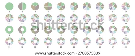 Circle pie chart diagram. Pie chart color icons. Colorful diagram collection with 1,2,3,4,5,6,7,8,9,10,11,12,13,14,15,16,17,18,19,20 segment infographic pie chart icons