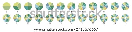 Circle pie chart diagram. Pie chart color icons. Colorful diagram collection with 2, 3, 4, 5, 6, 7, 8, 9, 10, 11, 12, 13, 14, 15, 16, 17, 18, 19, 20, 21, 22, 23, 25 segment infographic pie chart icons