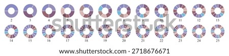 Circle pie chart diagram. Pie chart color icons. Colorful diagram collection with 2, 3, 4, 5, 6, 7, 8, 9, 10, 11, 12, 13, 14, 15, 16, 17, 18, 19, 20, 21, 22, 23, 25 segment infographic pie chart icons