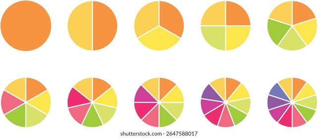Circle pie chart diagram. Circle division infographic icon set.  Loading bar set diagram multicolored collection. Pie chart divided 1,2,3,4,5,6,7,8,9,10, equal parts.