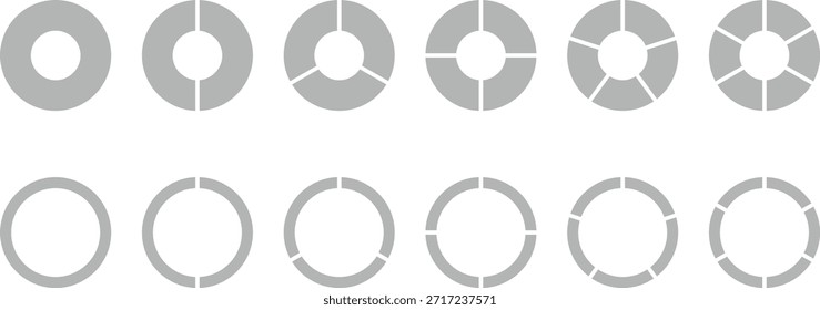 Kreisdiagramm. Kreisabschnitte und runde Donuts Diagrammstücke. Geschäftsinfographischer Vektorsatz. Pizza oder Donut-Runddiagramm. Infografik-Symbolsatz für die Kreisteilung. 