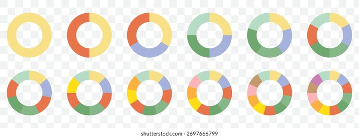 Circle pie chart diagram. Pie chart set, segmented circle icons. Pie chart divided 1,2,3,4,5,6,7,8,9,10, equal parts. Infographic wheel segment or section parts. Circle section graph. Vector icon set.