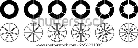 Circle pie chart, Circle divides on 1 to 12 equal parts. black pie Infographic element round shape.  Infographic wheel segment and fraction. Vector isolated on white background.