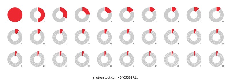 Circle pie chart as donut infographics data presentation. Charging round bar as percentage piece or part of whole. 12 and 24 segments of crossed ring