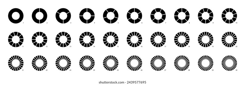 Circle pie chart as donut infographics data presentation. Charging round bar as percentage piece or part of whole. 12 and 24 segments of crossed ring