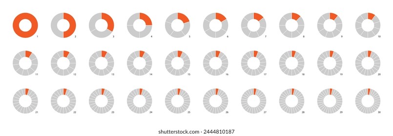 Circle pie chart as donut infographics data presentation. Charging round bar as percentage piece or part of whole. 12 and 24 segments of crossed ring