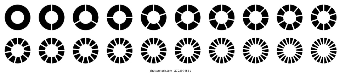 Circle pie chart as donut infographics data presentation. 20 segments of crossed ring. Charging round bar as percentage piece or part of whole. Circular loading progress set.