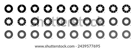 Circle pie chart as donut infographics data presentation. Charging round bar as percentage piece or part of whole. 12 and 24 segments of crossed ring