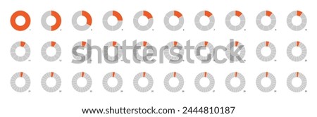 Circle pie chart as donut infographics data presentation. Charging round bar as percentage piece or part of whole. 12 and 24 segments of crossed ring