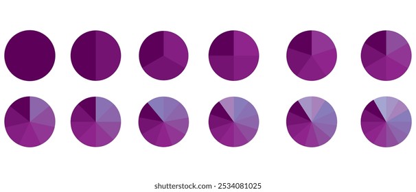 Iconos de gráfico circular. Diagrama de gráficos circulares. Diagrama colorido. Conjunto de diferentes círculos de color aislados. Gráfico circular para análisis de datos, presentación de negocios, interfaz de usuario, Diseño web. Ilustración vectorial. eps 10