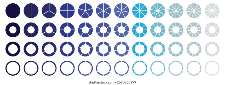 Circle pie chart icons. Pie charts diagram. Circle section graph. Set of different color circles isolated. Vector illustration.  Flat process cycle. Progress sectors.