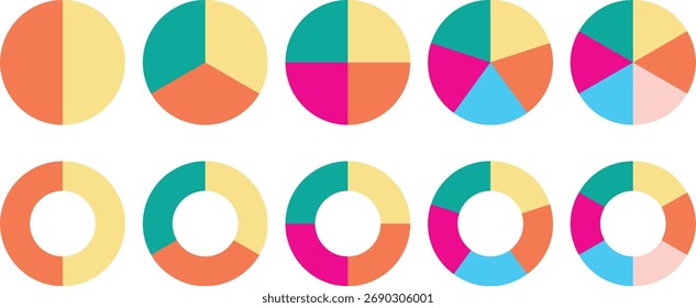 Circle pie chart icons. Pie charts diagram. Circle section graph. Set of different color circles isolated. Vector illustration.  Flat process cycle. Progress sectors.