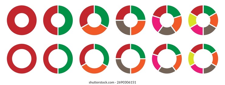 Circle pie chart icons. Pie charts diagram. Circle section graph. Set of different color circles isolated. Vector illustration.  Flat process cycle. Progress sectors.