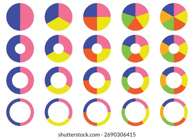 Circle pie chart icons. Pie charts diagram. Circle section graph. Set of different color circles isolated. Vector illustration.  Flat process cycle. Progress sectors.