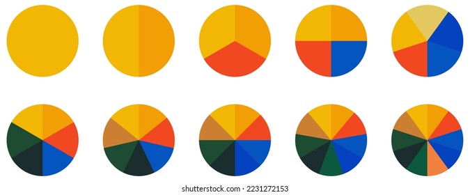 Circle pie chart icons. Colorful diagram with 10 sections. Vector illustration isolated on white background