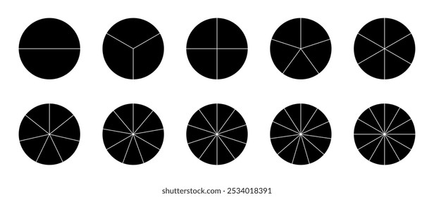 Circle Pie Chart Infographic Set. Divided Circle Sections In Black And White Color. Segments Of Circle With 2 To 12 Pieces. Black Round Diagram. Vector Iluustration.