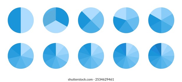 Circle Pie Chart Infographic Set. Blue Color Gradient Divided Circle Sections. Segments Of Circle With 2 To 12 Pieces. Black Round Diagram. Vector Illustration.