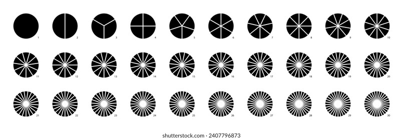 Circle pie chart infographics. Pizza part slice graph vector diagram. Round wheel divide into equal segments. Graphic icon for fraction and division