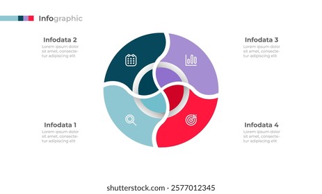 Circle pie chart rotate into 4 parts. Business infographic template with marketing icons and cycle concept. Vector illustration.