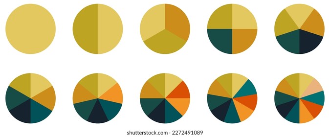 Circle pie chart set. Colorful diagram with 10 sections. Vector illustration isolated on white background