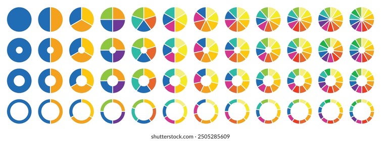 Conjunto de gráfico circular circular. Colección de diagrama colorido. Ciclo de proceso plano. Elemento de infografía de progreso en forma redonda. Vector