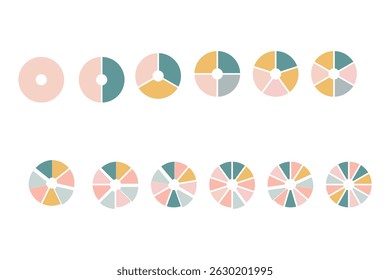 Circle pie chart set. Colorful diagram with 10 sections. Vector illustration isolated on white background