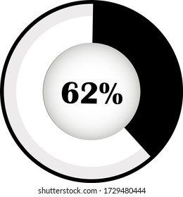 Circle Pie Chart showing 62% . Percentage diagram set for infographic, UI, web design. Progress bar template. Vector illustration indicated with black and white.