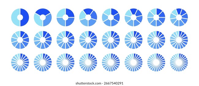 Circle Pie chart vector diagram. From 1 to 25 segment infographic. Flat Donut divided on equal parts. Blue gradient graph icon set. Progress sectors