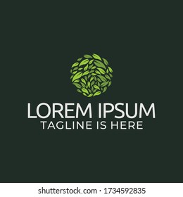 Circle pile leaf logo design on a dark green background.