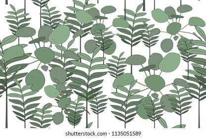 Circle pilea and tumeric leaves. Big leaves and exotic flowers composition. Vector illustration. Botanical seamless wallpaper. Digital nature art. Cartoon style sketch. White background.