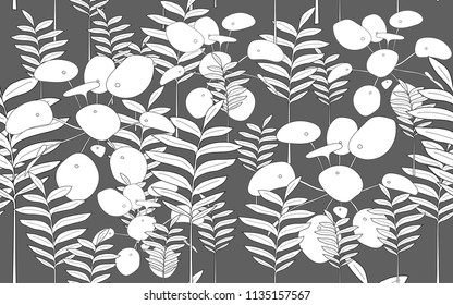 Circle pilea and tumeric leaves. Big leaves and exotic flowers composition. Vector illustration. Botanical seamless wallpaper. Digital nature art. Cartoon style sketch. Grey background.