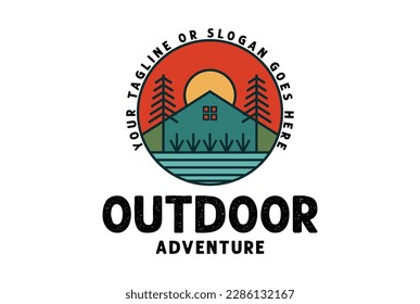 Circle Pine Cedar Spruce Conifer Hemlock Cypress Evergreen Fir Trees Forest with Tent for Outdoor Camp Scout Logo